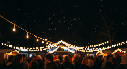 Festive crowd celebrating evening at winter holiday market with lights  