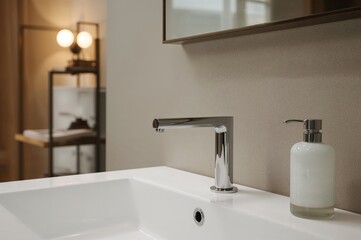 Luxury loft bathroom or kitchen featuring ceramic sink with water tap, faucet, and integrated soap and shampoo dispensers