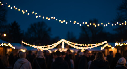 People walking at night under festive lights in winter market  