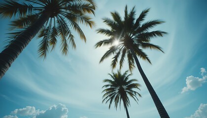 Looking up at tall palm trees against a swirling bright blue sky with soft clouds