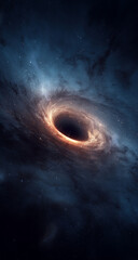 a black hole is shown in the center of space, with swirling stars and galaxies around it. the sun's light forms an eclipse as it passes through the event horizon