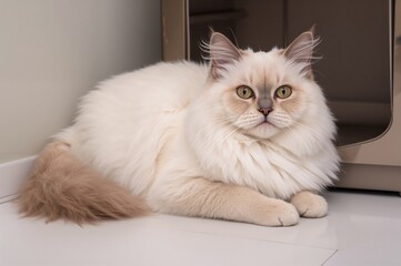 Feline resting beside the waste tray.