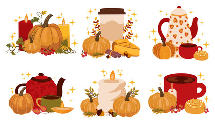 Flat vector autumn set: paper coffee cup, candle, teapots, pumpkins with green vines and red tea cup for cozy seasonal illustrations.
