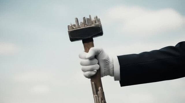Gloved hand holds hammer; cityscape forms hammerhead, rotating slowly against sky background; symbolizes urban development, control, power, and potential destruction
