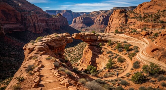 Scenic view of a natural rock bridge formation spanning a canyon with winding dirt roads, surrounded by red rock cliffs under a blue sky.