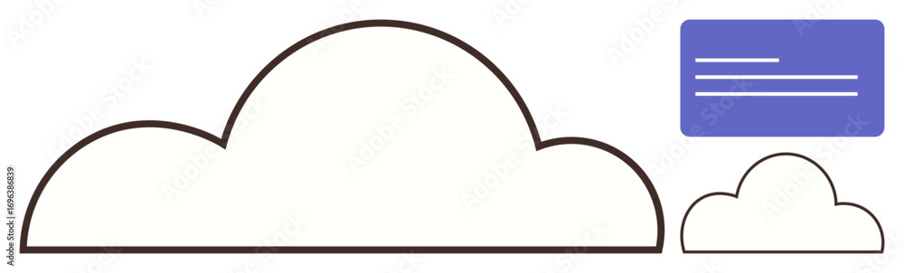 Poster two outlined clouds of varying sizes beside a rectangle with lines symbolizing data or communication