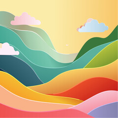 Colorful layered paper cut landscape with rolling hills and a warm, sunny sky.