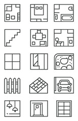Home Design icons in minimalistic line art style: living room plan, bedroom layout, kitchen design, bathroom layout, staircase, furniture placement,