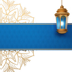 Decorative blue banner with golden ornate mandala pattern and a hanging golden lantern on a transparent background