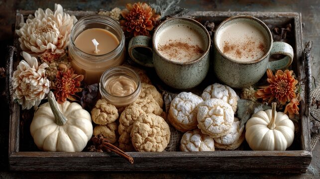 Overhead shot of pumpkin spice cookie platter served with steaming mugs of chai tea candles glowing softly cozy autumn gathering vibe