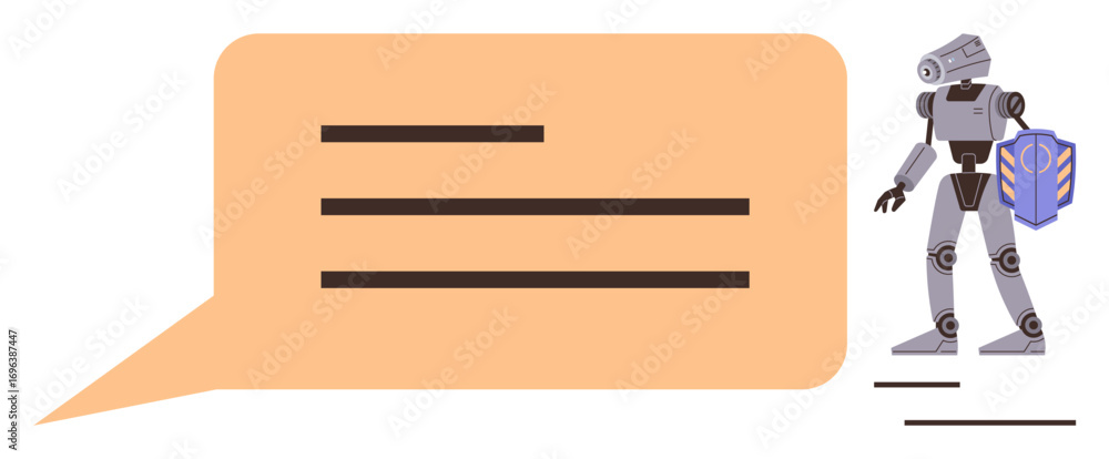 Aufkleber robot holding shield next to text block with lines for writing. ideal for technology, ai, communicat
