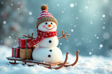Fototapeta premium Сheerful snowman wearing red scarv and hat, riding wooden sleds with gift boxes, surrounded by snowy trees. AI generated. 