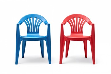 Blue plastic chair and stool viewed from front and side, isolated on white background with clipping path.