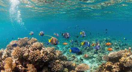 Obraz premium Underwater coral reef teeming with colorful fish and clear blue water