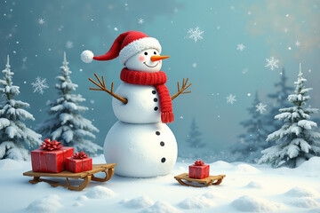Obraz premium Сheerful snowman wearing red scarv and hat, riding wooden sleds with gift boxes, surrounded by snowy trees. AI generated. 