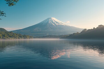 Mountain landscape reflecting on water during morning hours, surrounded by nature and sky