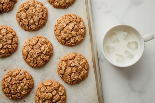 Warm Oatmeal Cookies Straight From The Oven Alongside A Glass Of Milk