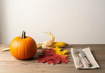 Atmospheric autumn composition with pumpkins and leaves on a wooden background with space for text. Ideal for creating holiday and seasonal designs, blogs and promotional materials.