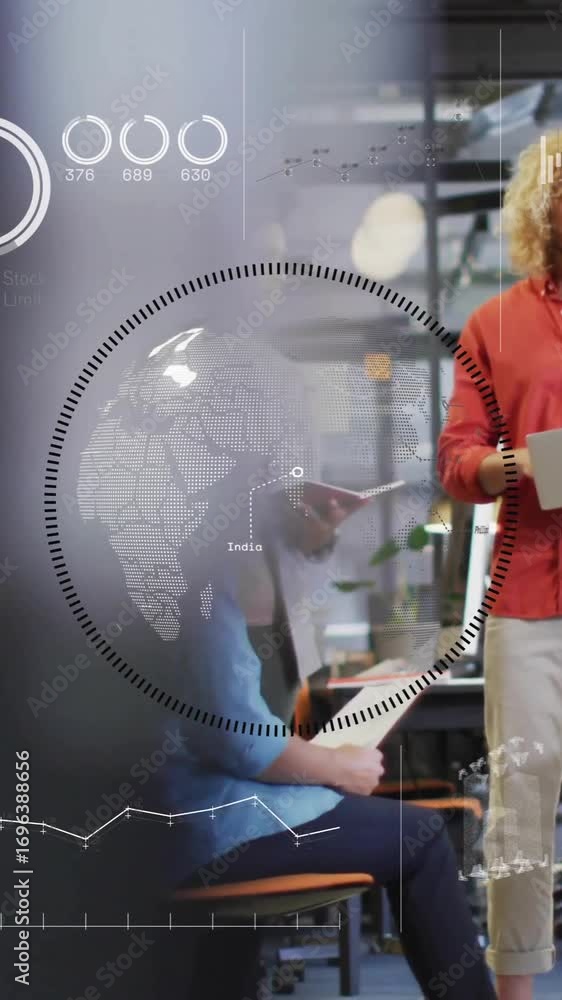 Poster collaborating in office, business team analyzing data with animation graphics overlay