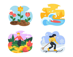 Fototapeta premium Four seasons represented by colorful puzzle pieces with outdoor activities and nature scenes