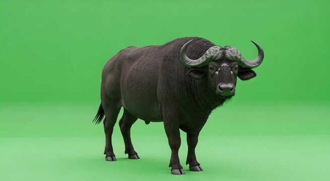 Majestic African buffalo stands on a vibrant green background, its powerful horns curving forward.