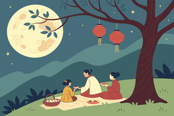 Family enjoying a picnic under the full moon with lanterns