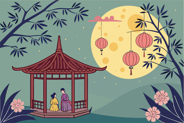 Asian couple in a gazebo under a full moon with lanterns