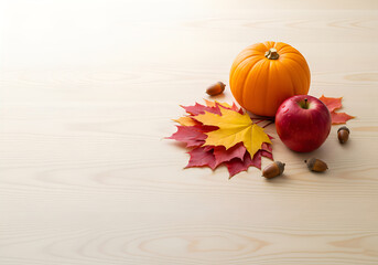 Atmospheric autumn composition with pumpkins and leaves on a wooden background with space for text. Ideal for creating holiday and seasonal designs, blogs and promotional materials.