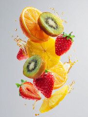 Slices of colorful fruits floating in mid air, Slices of colorful fruits