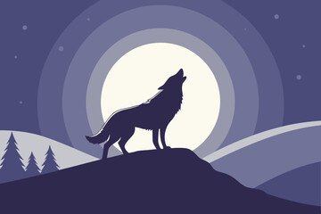 Silhouette of a wolf howling at the moon on a hilltop