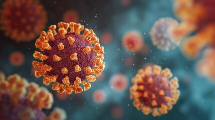 Fototapeta premium Covid-19 viruses with spike proteins, spherical viral particles floating in microscopic environment, generative ai illustration