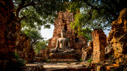 Naklejka premium A weathered statue of Buddha, sitting in the ruins of Ayutthaya's Lelyoang Temple