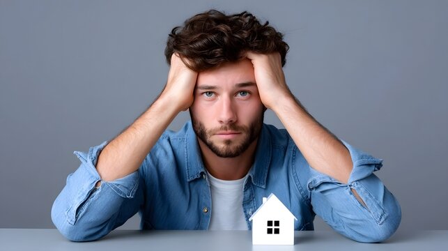 Portrait of a middle-aged man with a worried, stressed expression on his face, suggesting concerns or difficulties related to housing or real estate