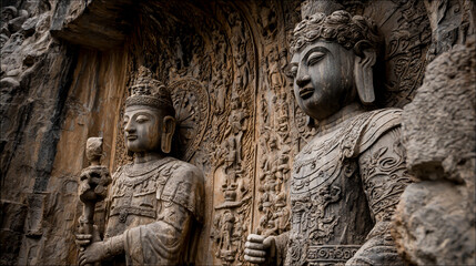 Obraz premium The Longmen Grottoes in Shanxi, China shows two stone statues carved on rock walls
