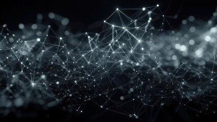 Abstract dark background with glowing network nodes and connections forming a wave-like pattern