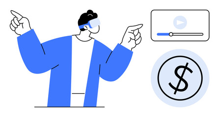 Individual in VR headset interacting via gestures, media control interface, and dollar sign. Ideal for technology, innovation, VR trends, fintech, entertainment, e-learning digital economy