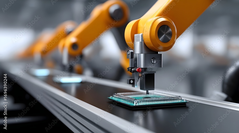 Poster robotic arm precisely placing a microchip or electronic component onto a printed circuit board in an