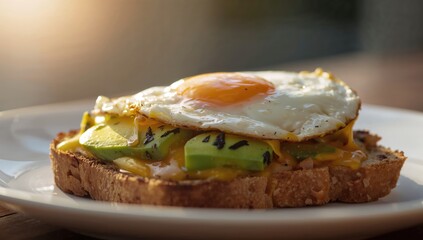 Whole wheat toast topped with fried egg, avocado, and cheese for a nutritious morning meal