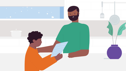 Father Helping Son with Homework in Cozy Kitchen