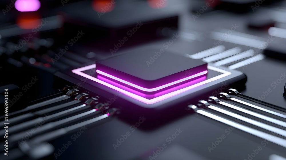 Poster closeup view of a glowing, neon-lit microchip or processor on a modern, high-tech circuit board in a
