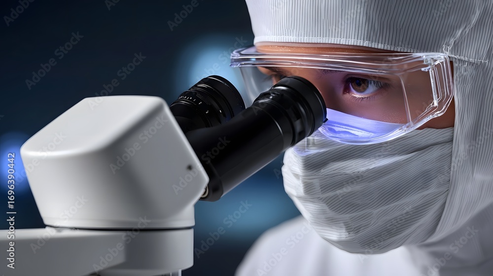 Poster a scientist wearing protective equipment and using a microscope to carefully examine a sample or spe