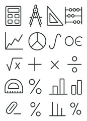 Mathematics icons in minimalistic line art style: calculator, compass, triangle ruler, abacus, graph, pie chart, function, equation, square root, plus