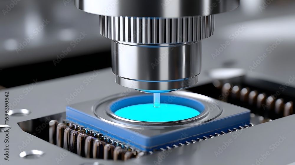 Poster close-up detailed view of a high-tech microchip component being inspected and analyzed under a preci