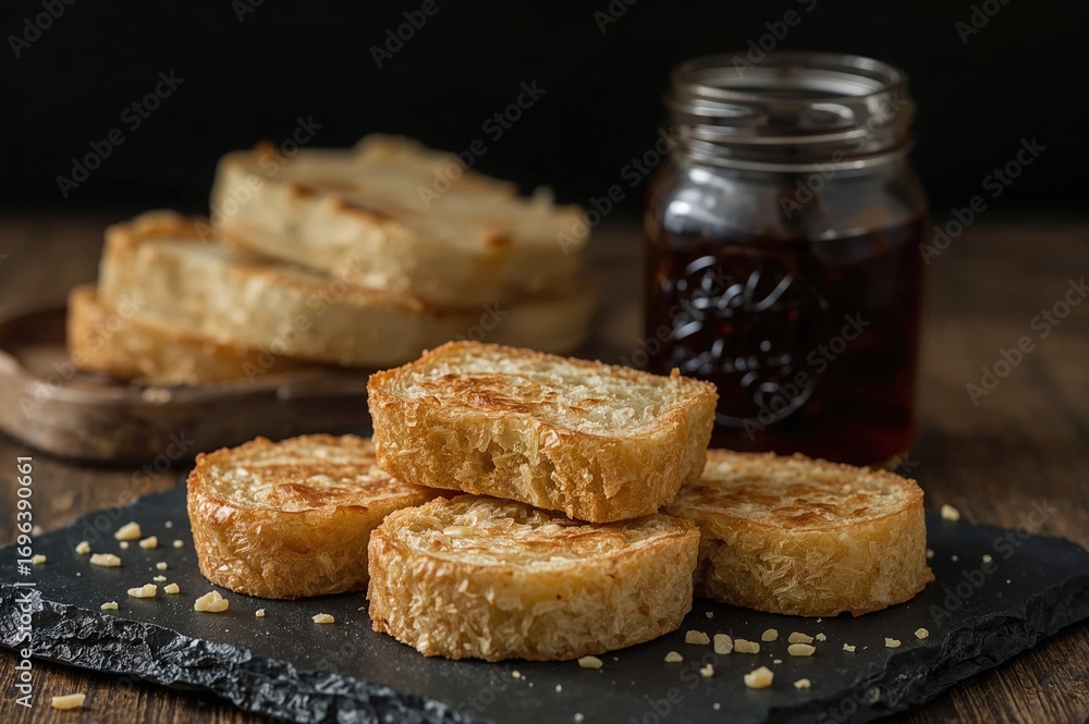 Poster crispy slices of white bread resting on a dark table with a jar of jam in the background