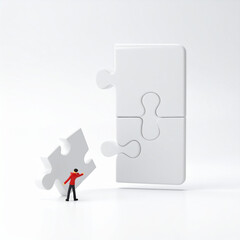 3d minimal problem solving concept. teamwork collaboration concept. A jigsaw puzzle is going to connect together. 3d illustration.challenge, collaboration, complete, jigsaw, join, Generative Ai