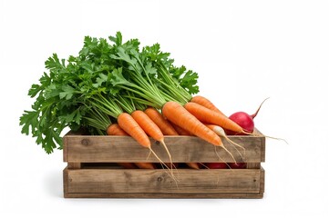 Assorted fresh produce including radishes and carrots in a wooden container against a white backdrop