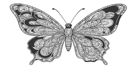 Elegant vector illustration of a black and white swallowtail butterfly with open wings isolated on a white background for design and decoration