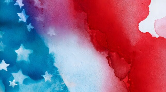 Vibrant abstract watercolor painting in the colors of the American flag, with scattered stars and bold brush strokes, creating a patriotic and celebratory backdrop.