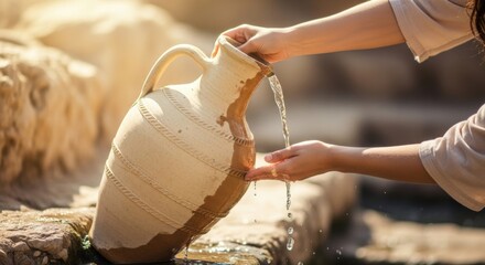 Woman pouring water from a clay jug, concept of living water. Bible times and life in the desert. Christianity.