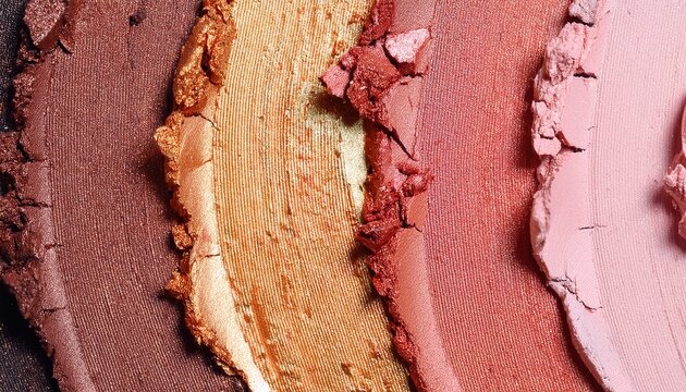 metallic and matte makeup swatches in pink bronze and rose gold tones with rich texture and shimmer for beauty banner or editorial background